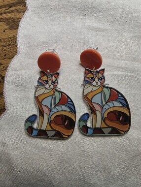 Colorful Stained-Glass Cat Earrings - Orange Accent Studs (Pierced Earrings)